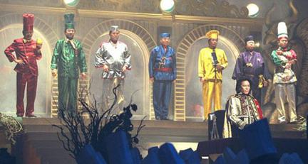 All seven Iron Chefs and Chairman Kaga in Cooking Stadium.